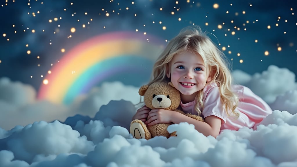 Soft focus, dreamy lighting captures a whimsical scene: a young blonde-haired 9-year-old girl with bright blue eyes, clad in a loose-fitting nightie rest on fluffy white clouds in the night sky. She clings to her trusty teddy bear, as a brilliant rainbow arcs across the night sky with sparkling stars scattered all around. The atmosphere is playful and carefree, with the girl's joyful expression radiating happiness.