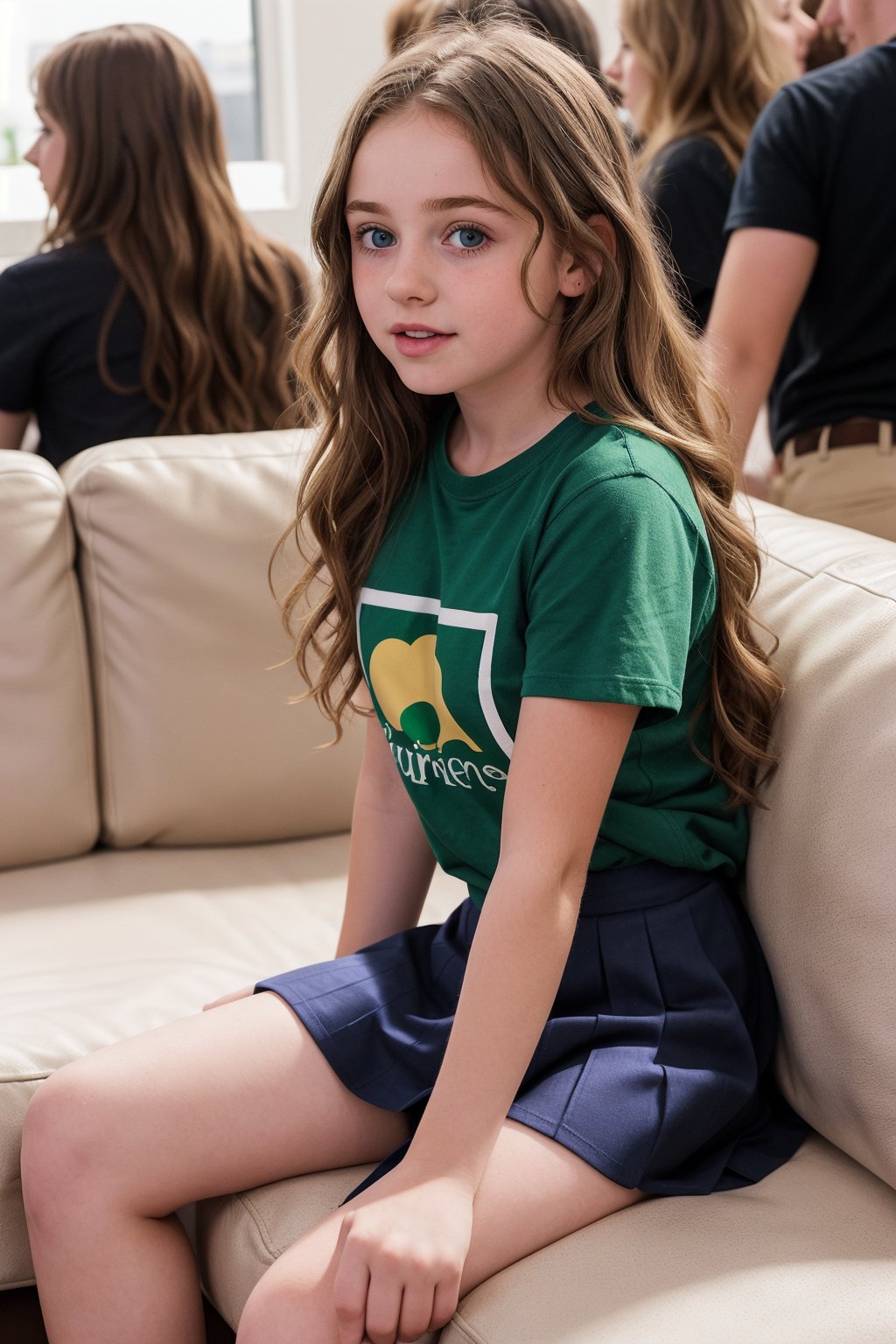 A cheeky Irish (13_year_old:1.2) girl at a crowded party. She is slouching on a couch. She is holding a drink. She is blushing. She has long wavy hair, big eyes, full lips. She is wearing a short t-shirt and a skirt. 