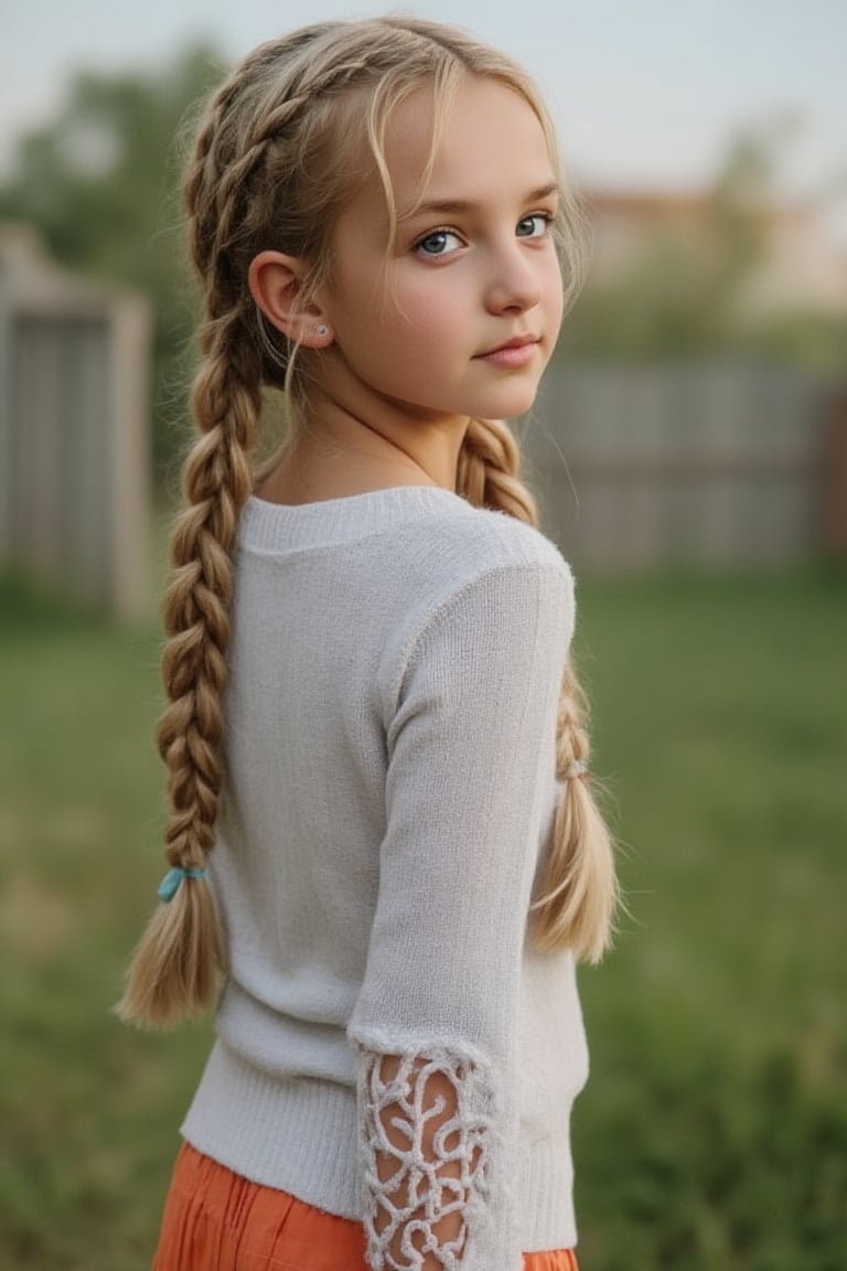 tween, young br1tn3y girl, blond hair braided. standing looking back, portrait, 