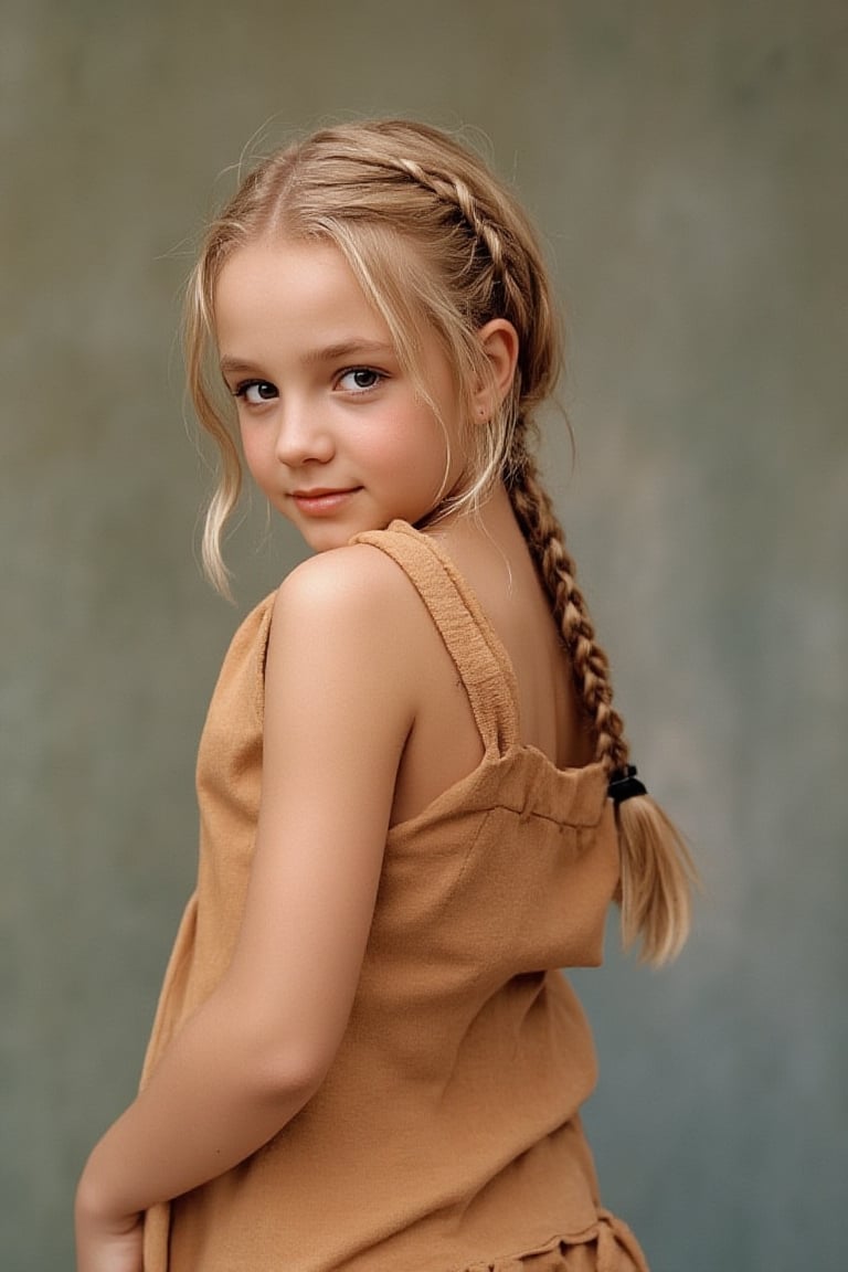 young br1tn3y girl, blond hair braided. standing looking back, portrait, 