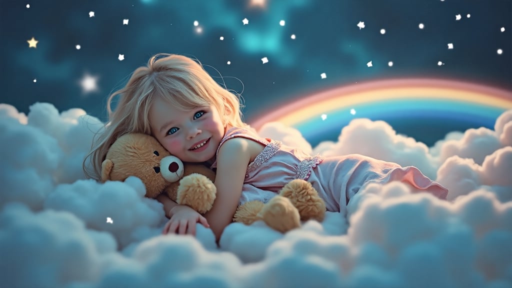 Soft focus, dreamy lighting captures a whimsical scene: a young blonde-haired 9-year-old girl with bright blue eyes, clad in a loose-fitting nightie rest on fluffy white clouds in the night sky. She clings to her trusty teddy bear, as a brilliant rainbow arcs across the night sky with sparkling stars scattered all around. The atmosphere is playful and carefree, with the girl's joyful expression radiating happiness.