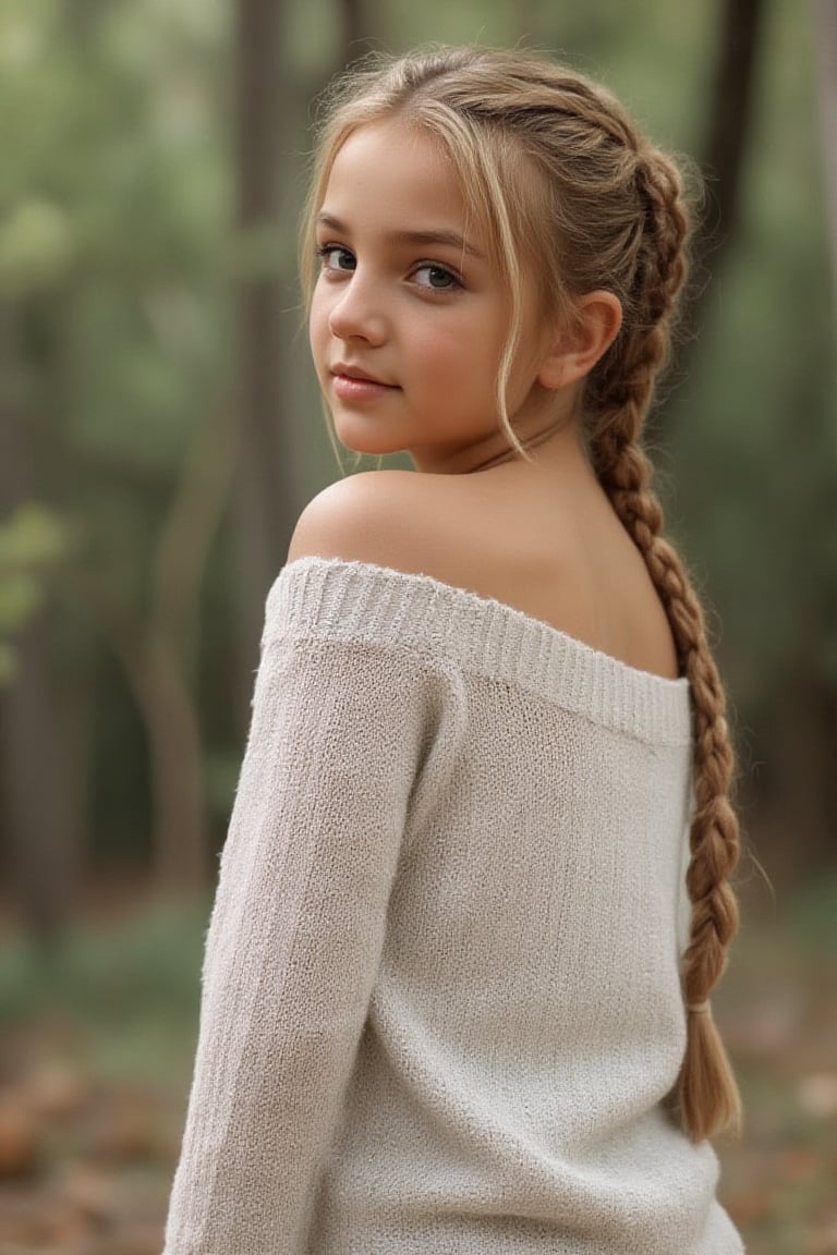 young br1tn3y girl, blond hair braided. standing looking back, portrait, 