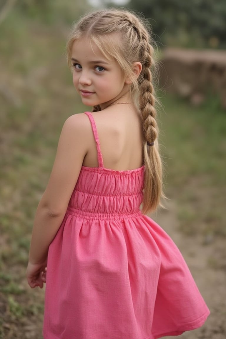 young br1tn3y girl, blond hair braided. standing looking back, portrait, 