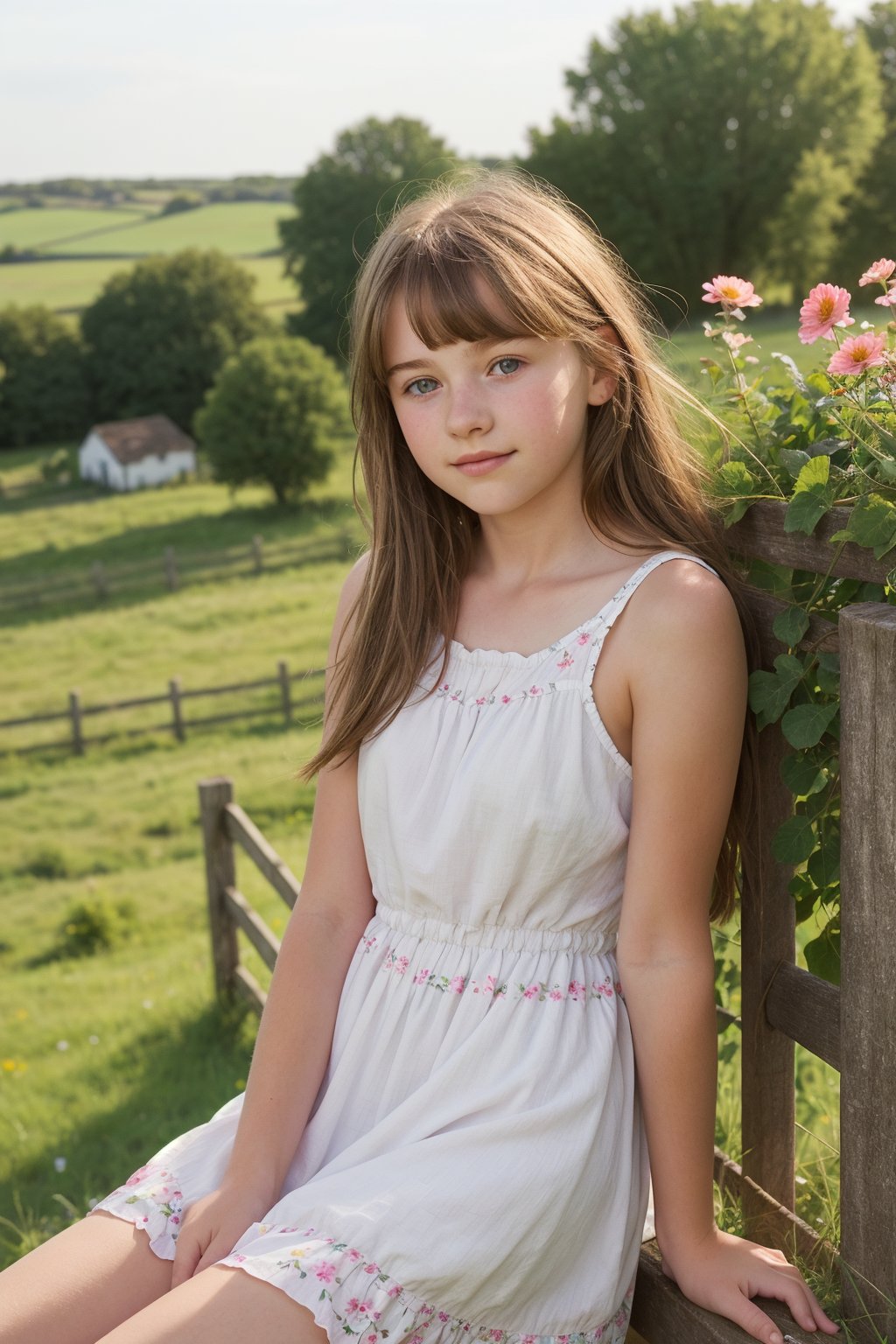 An adorable (15_year_old:1.2) English girl sitting on a fence in the countryside. The wind is blowing her thin short flowery summer dress. Her lips are soft and full. Her expression is wistful. 