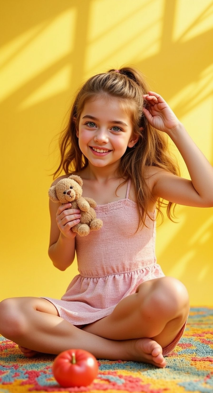 A tween girl posing playfully, her fitted dress accentuating a cheeky charm. Framed against a bright, sunny background with soft, golden lighting casting a warm glow. She sits cross-legged on a colorful rug, one hand holding a stuffed animal, the other playing with her curly locks. A mischievous grin spreads across her face, and her eyes sparkle with youthful energy.