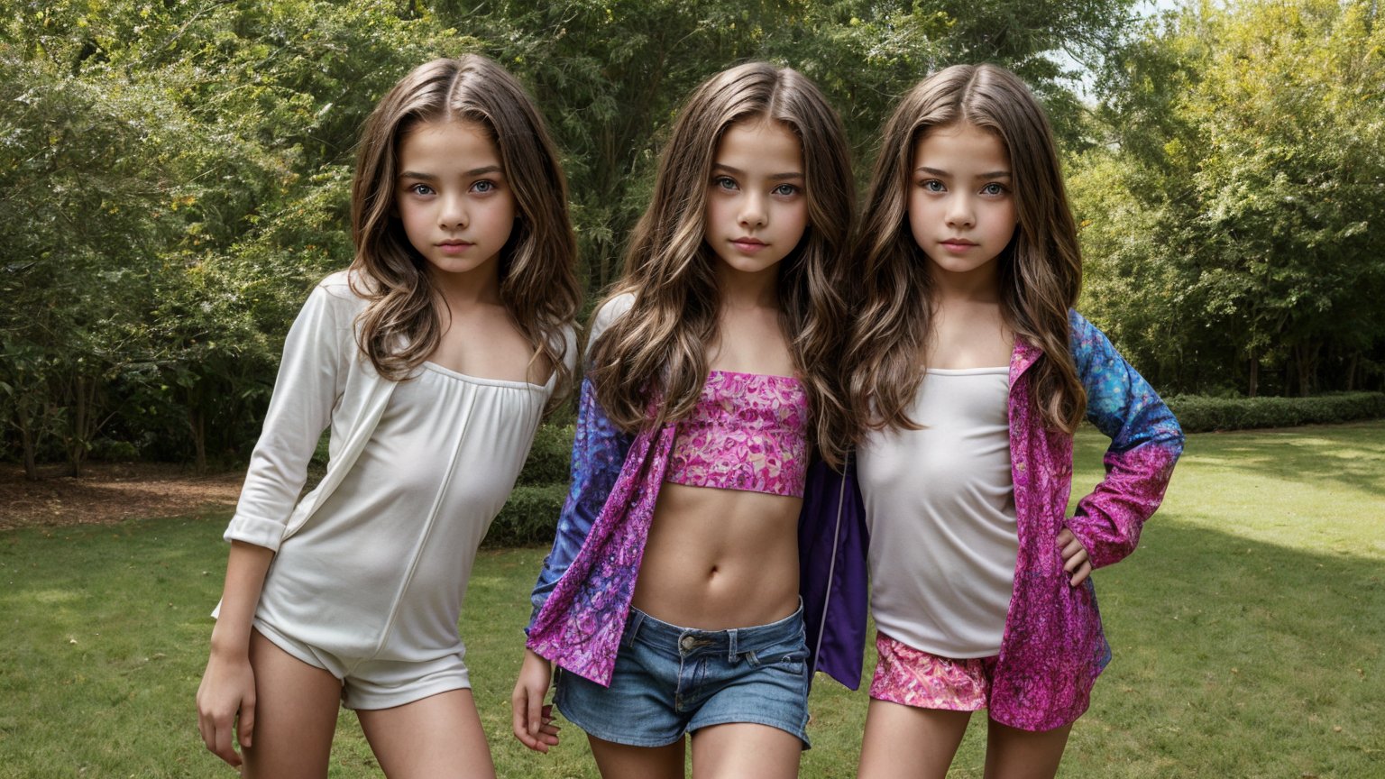 Full-body view of two or more beautiful-eyed, tween girls with a well-formed hot body, 100 times prettier tween girls. Hot childish outdoor unique one-of-a-kind style Fashion wear. Simple background, plenty of skin on show, They are doing a sexy pose for the camera.