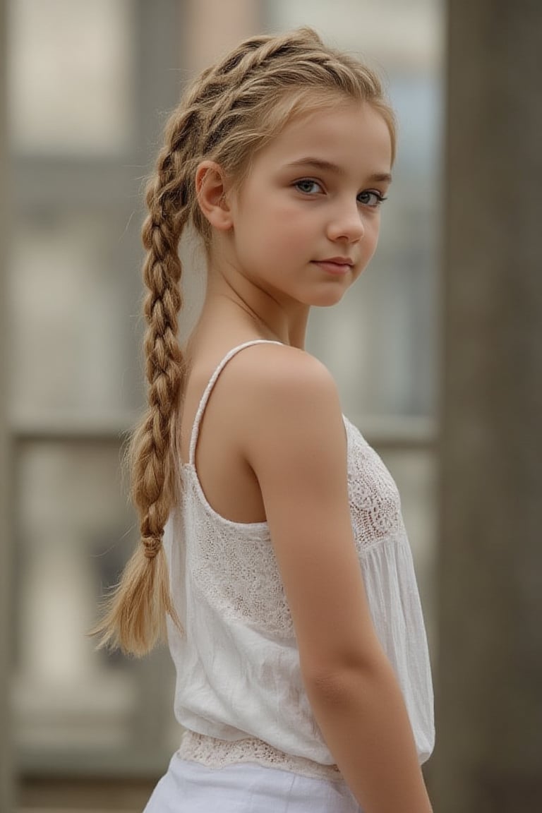 young br1tn3y girl, blond hair braided. standing looking back, portrait, 