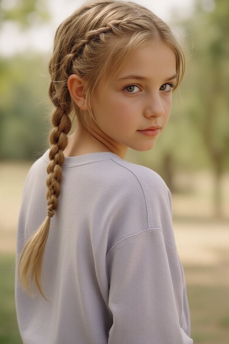 young br1tn3y girl, blond hair braided. standing looking back, portrait, 