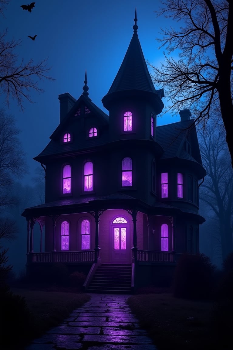 A haunted Victorian mansion illuminated by flickering purple lights, with shadows dancing across the walls