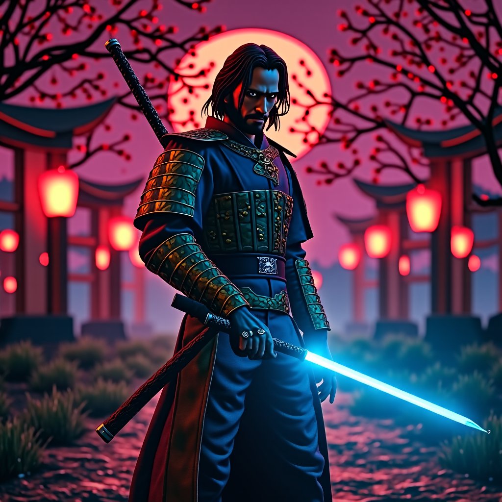 John Wick wearing a gold and blue japanese samurai armor holding a giant blue glowing Katana , japanese cherry blossom garten at night, red glowing light, cinematic, end boss scenery, FredFraiStyle