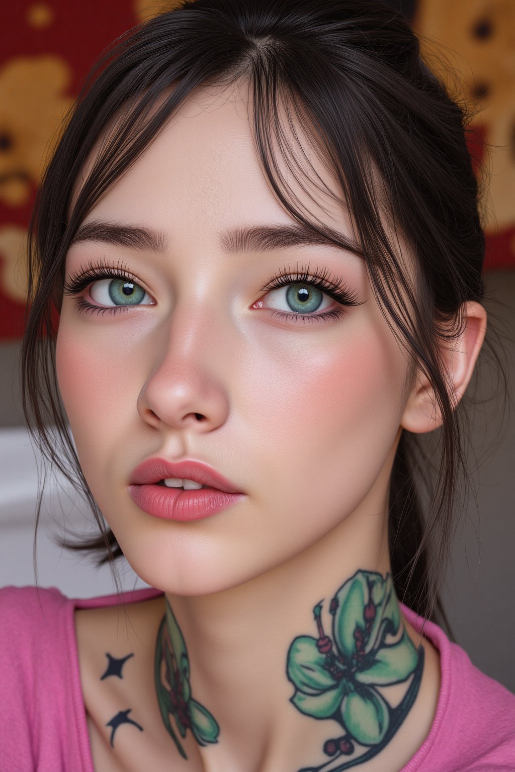 Hyperrealism, extreme close-up Portrait of a beautiful, stunning unique young female character. She has large turquoise eyes filled with joy and excitement, extravagant eyelashes, making this image a masterpiece of photography and digital art. Style: realistic hyper-detailed rendering, 32k UHD, expressive eyes, punk, graphic design, pink hibiscus tattoo, girl's face, side view, pretty and cute, gleaming lips, white skin, telling a tale of adventure. Exuding confidence and serenity. Vibrant tattoos adorn her sun-kissed skin