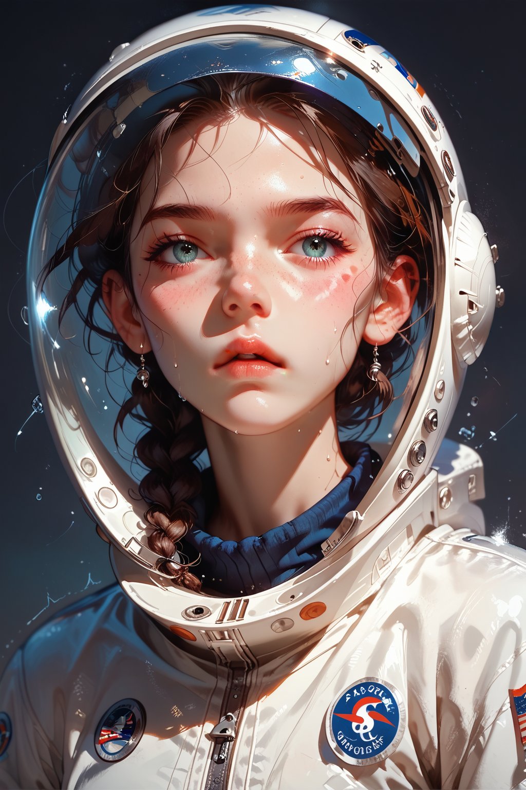 safe_pos, score_9, score_8_up, score_7_up, easynegative, Expressiveh,  girl, astronaut helmet (fishbowl), country bumpkin, (girl in transparent spacesuit: 1.2), country bumpkin, cute, expressive, sweating, dark hair, long hair, braid, skindentation, solo focus, tanlines, skinny, freckles, face focus, intense pleasure, trembling,  BREAK moonscape, moon boulders, moon dust, partially eclipsed earth, harsh shadows,concept art,dark theme,blu3s