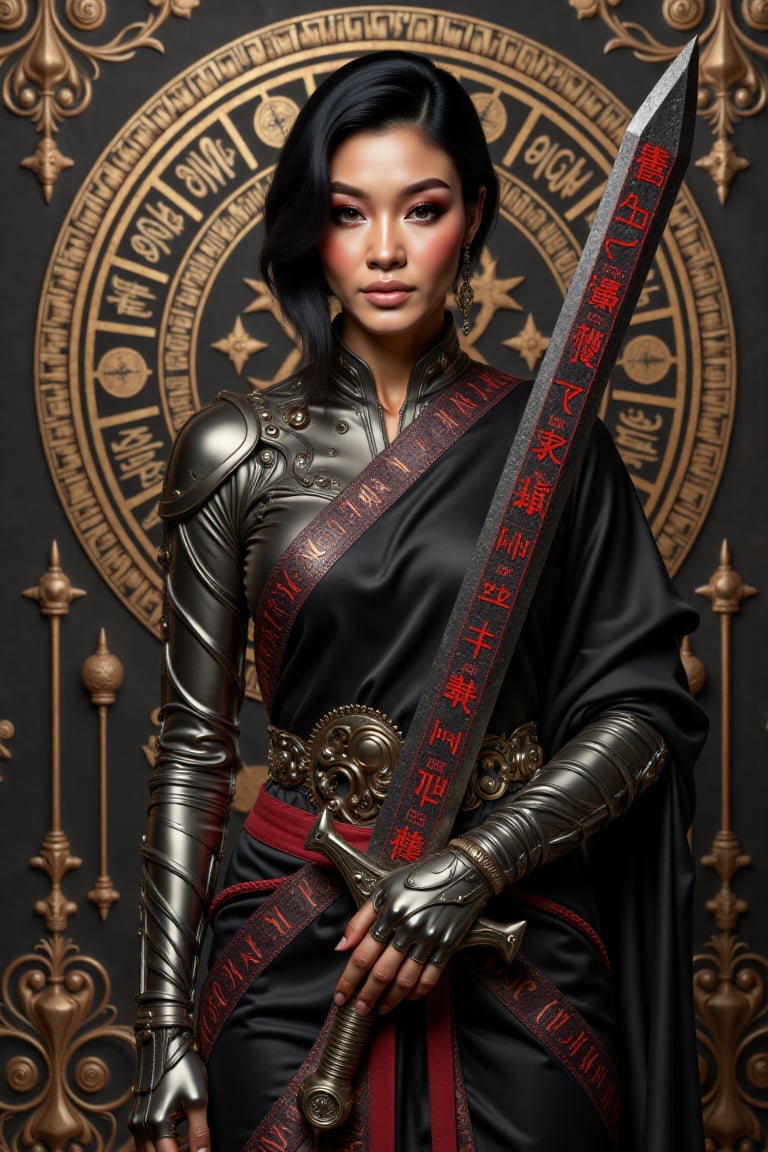 A striking fusion of futuristic cybernetics and traditional aesthetics comes to life in this commanding figure. The centra...