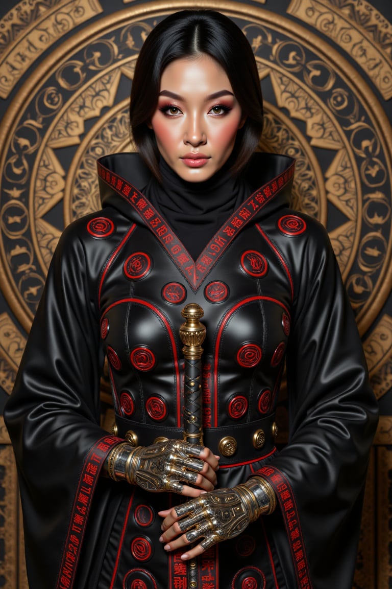 A striking fusion of futuristic cybernetics and traditional aesthetics comes to life in this commanding figure. The centra...