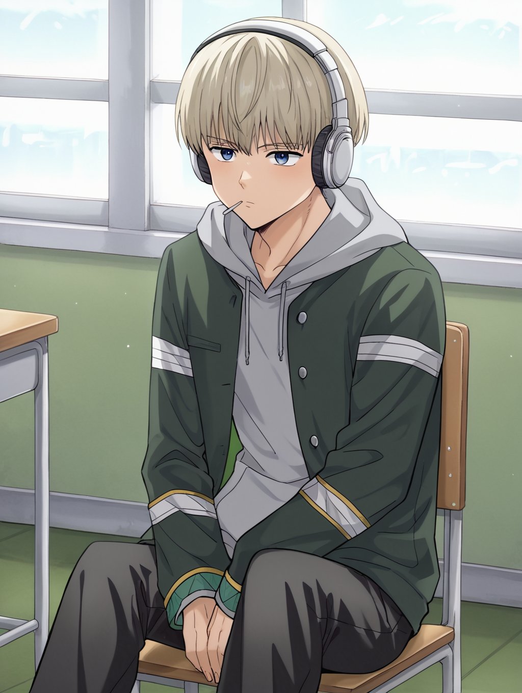 

anime, high res image, (masterpiece), best quality, indoors, 1boy, solo,  ren kaji, blonde hair,blue eyes, , in, green jacket over gray hoodie, black pants, lolipop, , white headphones, sit, school, chair