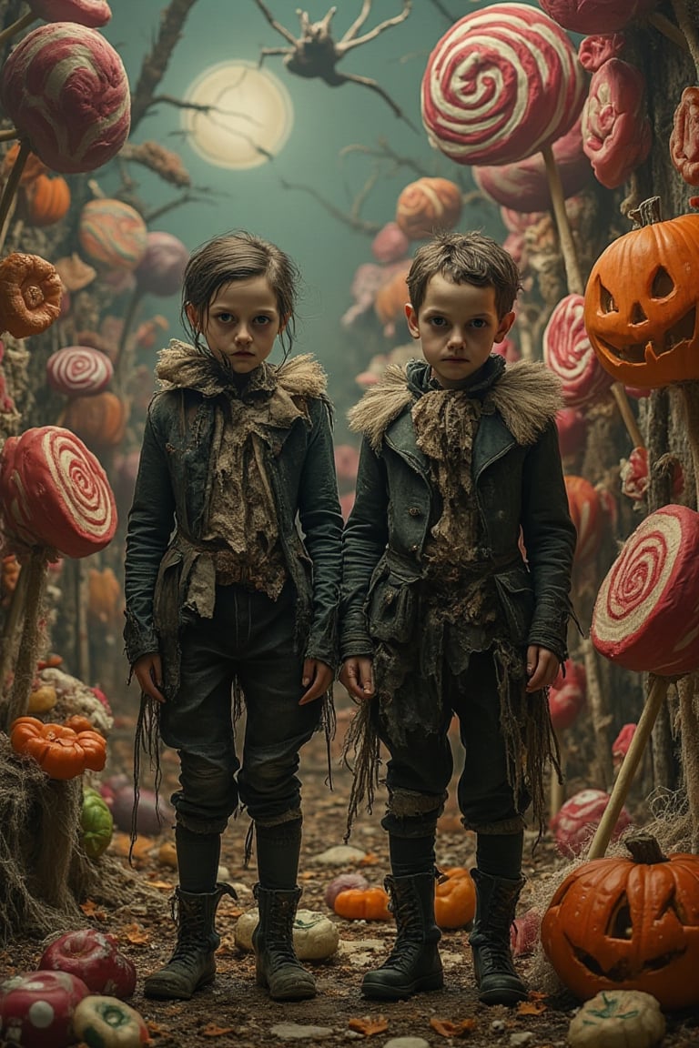 A grotesque fairytale scene featuring twin boys in a fantastical candy world with a Halloween theme. The twin boys are dressed in tattered, dark clothing with eerie expressions. The scene is framed in a medium shot, with a mix of soft and harsh lighting, casting spooky shadows. The composition is surreal, with oversized candy elements like lollipops and gumdrops, combined with Halloween motifs like jack-o'-lanterns and cobwebs. The location is a nightmarish Candyland, blending the whimsical with the macabre.