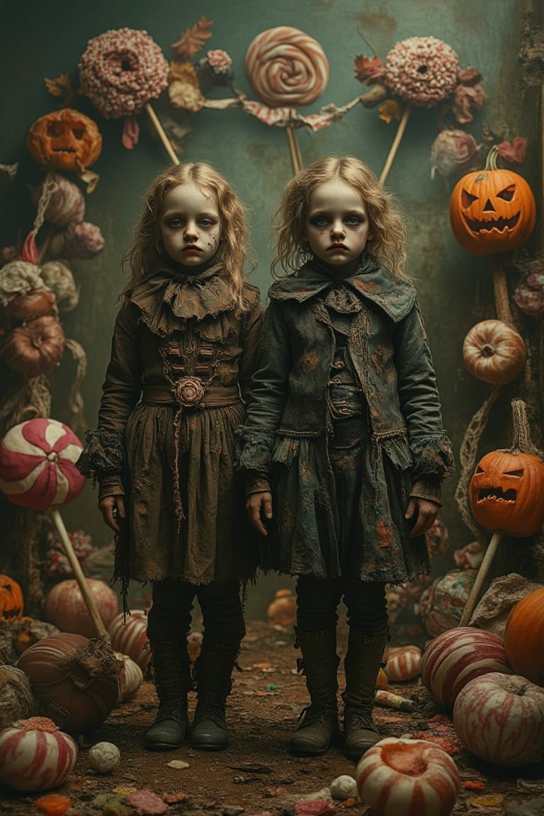 A grotesque fairytale scene featuring twin boy ad girl in a fantastical candy world with a Halloween theme. The twins are dressed in tattered, dark clothing with eerie expressions. The scene is framed in a medium shot, with a mix of soft and harsh lighting, casting spooky shadows. The composition is surreal, with oversized candy elements like lollipops and gumdrops, combined with Halloween motifs like jack-o'-lanterns and cobwebs. The location is a nightmarish Candyland, blending the whimsical with the macabre.