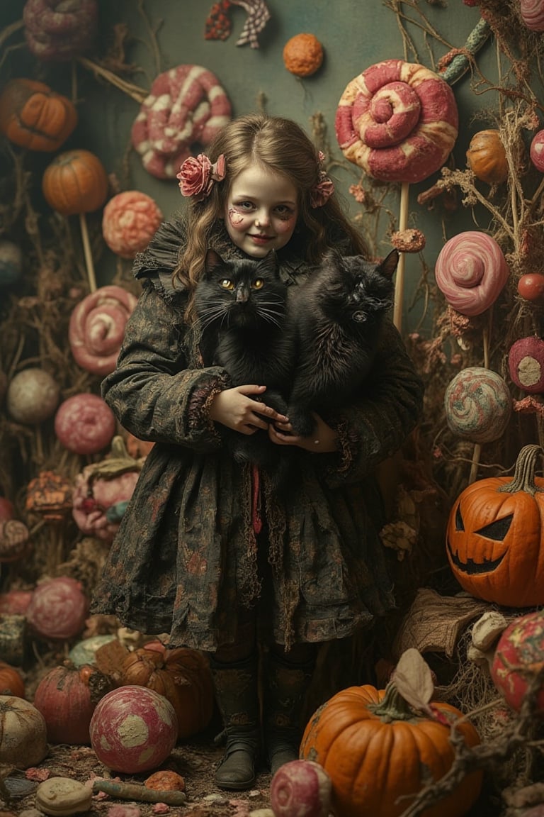 A grotesque fairytale scene featuring a girl holding a black cat in a fantastical candy world with a Halloween theme. The girl is dressed in tattered, dark clothing with eerie expressions. The scene is framed in a medium shot, with a mix of soft and harsh lighting, casting spooky shadows. The composition is surreal, with oversized candy elements like lollipops and gumdrops, combined with Halloween motifs like jack-o'-lanterns and cobwebs. The location is a nightmarish Candyland, blending the whimsical with the macabre. smiling