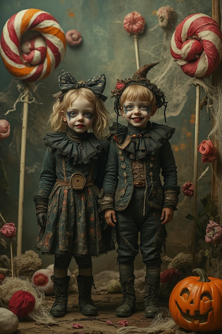 A grotesque fairytale scene featuring twin boy ad girl in a fantastical candy world with a Halloween theme. The twins are dressed in tattered, dark clothing with eerie expressions. The scene is framed in a medium shot, with a mix of soft and harsh lighting, casting spooky shadows. The composition is surreal, with oversized candy elements like lollipops and gumdrops, combined with Halloween motifs like jack-o'-lanterns and cobwebs. The location is a nightmarish Candyland, blending the whimsical with the macabre. smiling