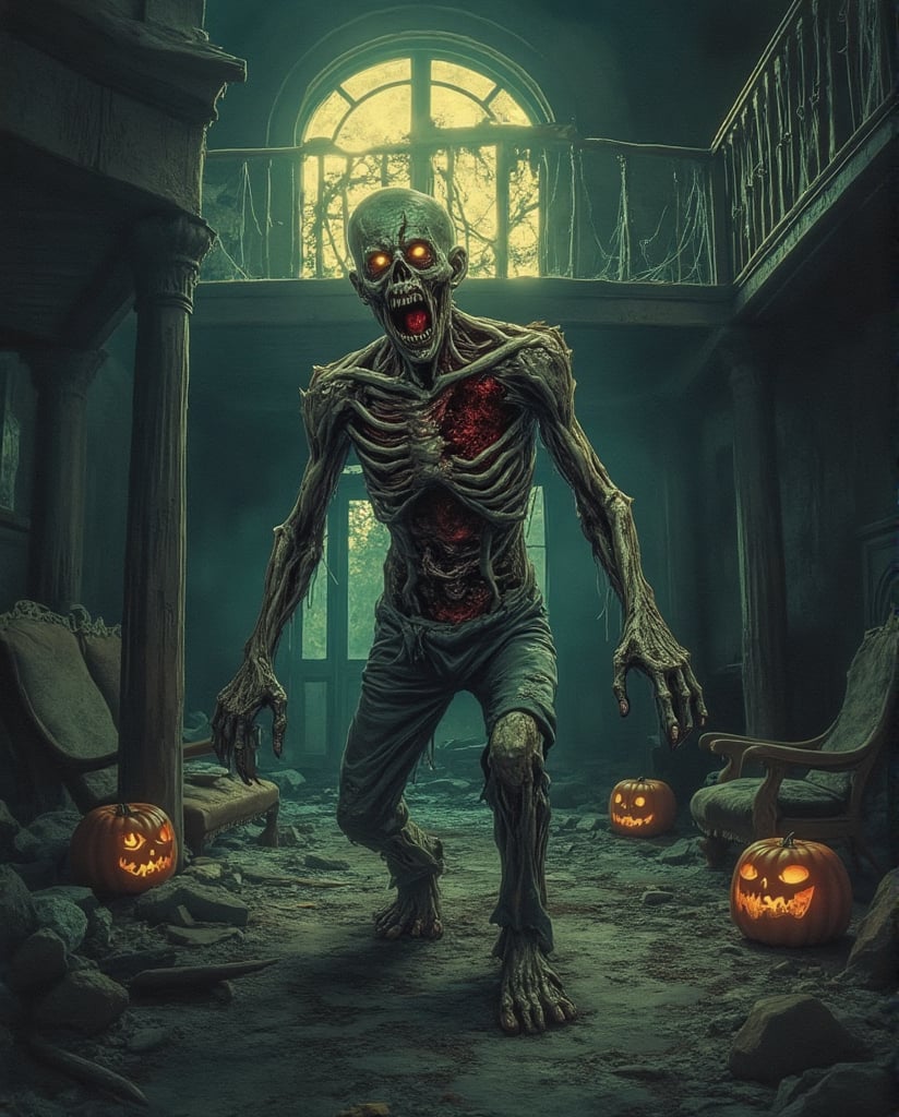 A spooky art drawing of a screaming zombie lurcking eerily in a dark, abandoned mansion. Thes zombie form is dry and rotted, with glowing eyes and a haunting expression. The mansion is filled with cobwebs and broken furniture, Jack-o-lanterns, creating a chilling atmosphere. The Zombie is framed coming from the earth with the mansion's decaying interior visible through its transparent body. The lighting is dim, with only faint moonlight streaming through broken windows, enhancing the spooky mood.