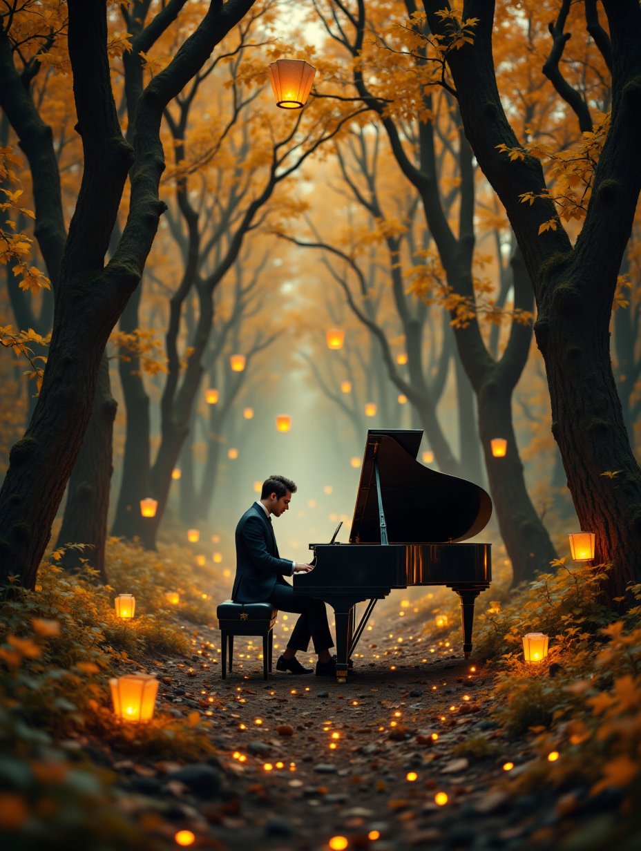 In the middle of a magical forest clearing,  a handsome man in a sleek black suit plays a grand piano. The forest around h...