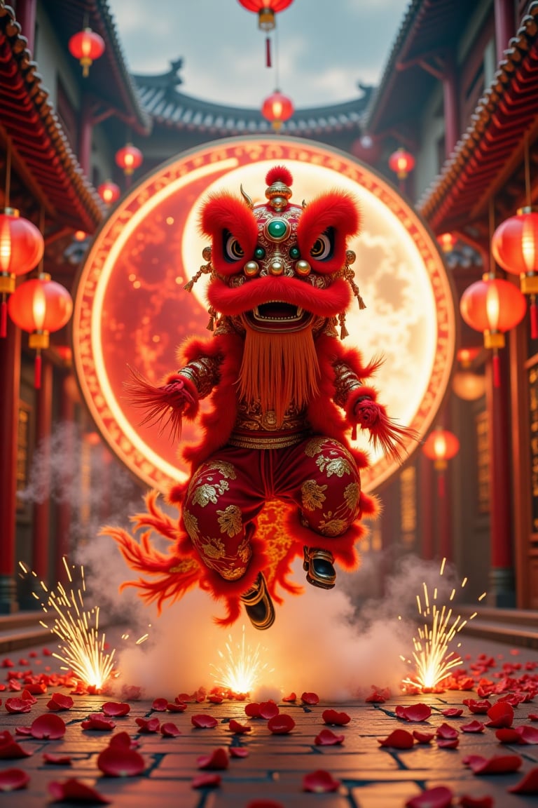 “A mystical Chinese New Year scene at dusk. The background features an enormous,  glowing Yin and Yang symbol crafted from...