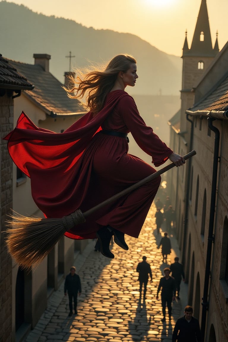 A woman in a flowing witch's robe, riding a broomstick mid-air, soaring over an old town with cobblestone streets and medieval architecture. The scene is bathed in the warm glow of the setting sun, casting long shadows. The woman's hair flows behind her, and she holds the broomstick with both hands, looking determined. The town below is bustling with life, with people going about their day. The composition is dynamic, capturing the motion and height of the flying witch.