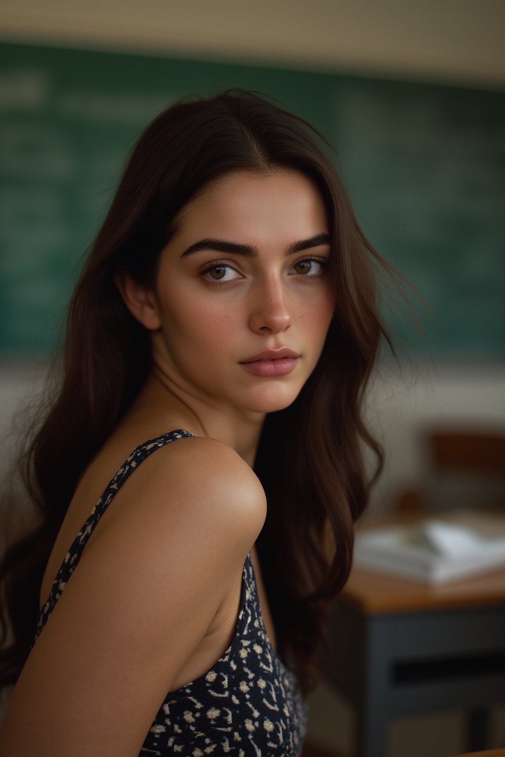 beautiful 18-year-old student girl with alluring eyes on classroom, cute pose, super model, cinematic shot in the style of denis villeneuve, (looking at viewer), masterpiece