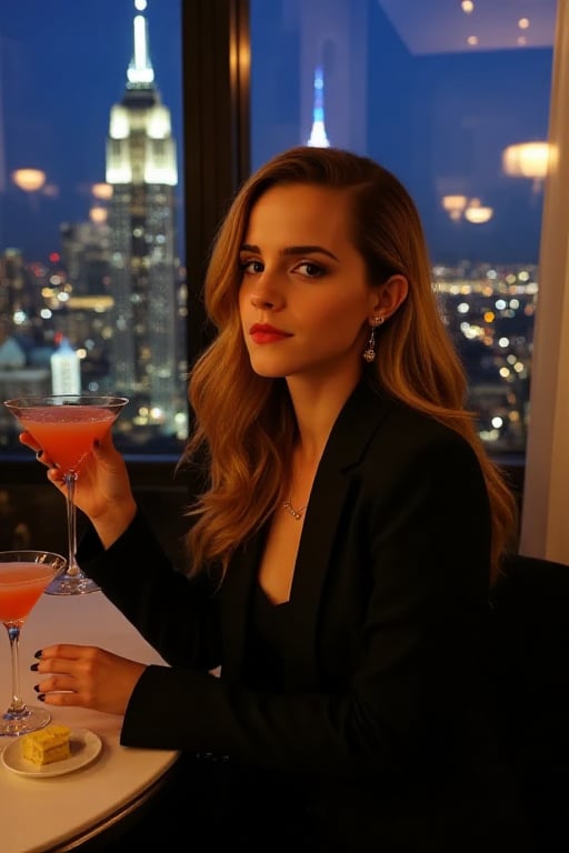 33 year old Emma Watson, exquisite face,soft shiny skin,long and natural hair,perfect female form,model body, black suit, seated in a chic high-rise café,cocktails on the table,through large window behind her, the nighttime city skyline with tall, illuminated buildings is visible, sophisticated






