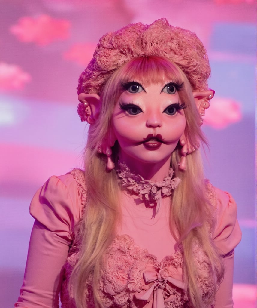 a vibrant pink haired girl with long, wavy blonde hair, wearing a pink fluffy hat, is adorned with a pink ribbon. She's dressed in a long-sleeved pink dress. Her eyes are wide open, adding a pop of color to the scene. The background is blurred, creating a stark contrast to the girl's outfit. The backdrop is a mix of pink and purple hues with little pink heart clouds, adding depth to the composition.