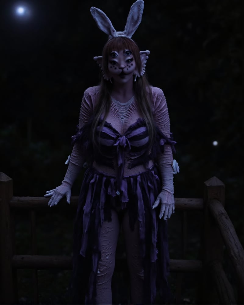 Captured at night, a woman dressed in a bunny costume stands in front of a dark backdrop. The woman's costume is adorned with a purple and black striped dress, adorned with white gloves and a white headband. Her hair is pulled back in a ponytail, adding a touch of color to her outfit. The backdrop is dark, creating a stark contrast to the woman's outfit. To the left of the woman, a wooden railing is visible, adding depth to the scene.,a woman with four eyes 