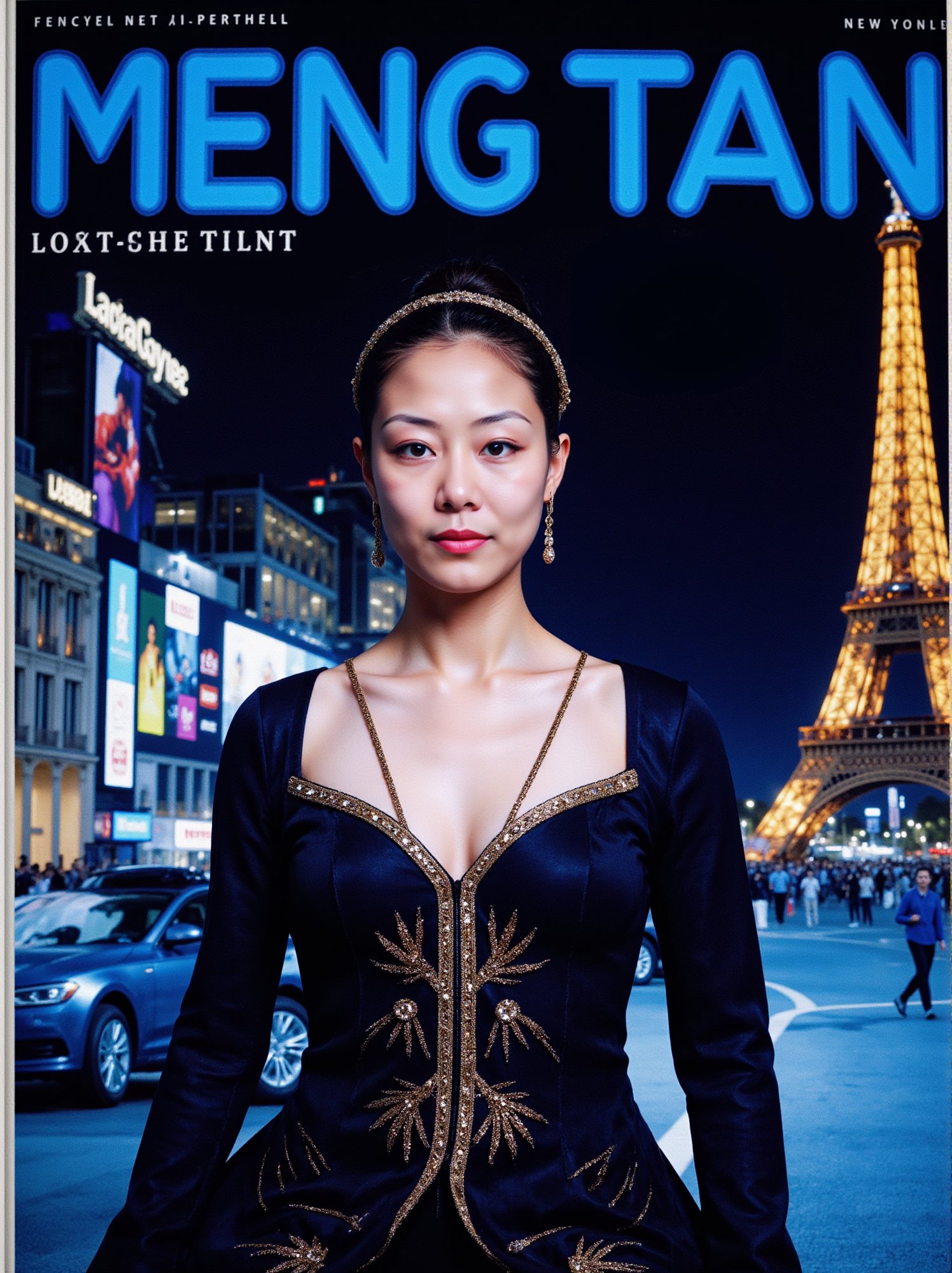 The prominent blue letters at the top of the magazine cover read 'MENG TAN':A futuristic oriental maid with a cyberpunk twist, wearing a high-tech maid uniform inspired by traditional designs. Her outfit features bright neon details and metallic accents, set against the backdrop of a bustling futuristic city. Her calm, yet imposing presence contrasts with the chaotic streets lit by holographic billboards and towering skyscrapers, ek_ph0t0_b00ster
