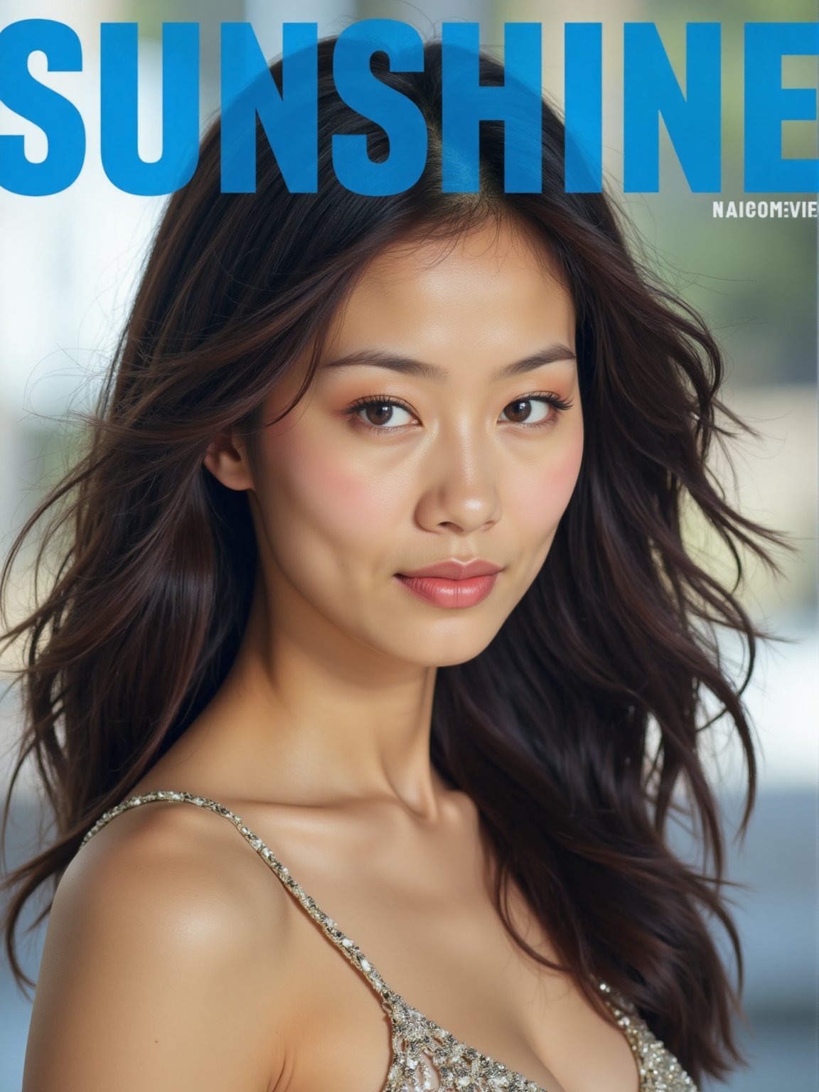 The prominent blue letters at the top of the magazine cover read 'SUNSHINE'.(RAW photo, 4k, realistic, exquisitely detailed skin),masterpiece,best quality,unity 8k wallpaper,ultra detailed,cinematic look,natural skin texture,extremely realistic skin texture,finely detailed face,(film grain:1.2),cinematic angle,Fujifilm XT3,,(highlydetailed),(bright scene), an Asian woman wearing a female low-cut officer uniform