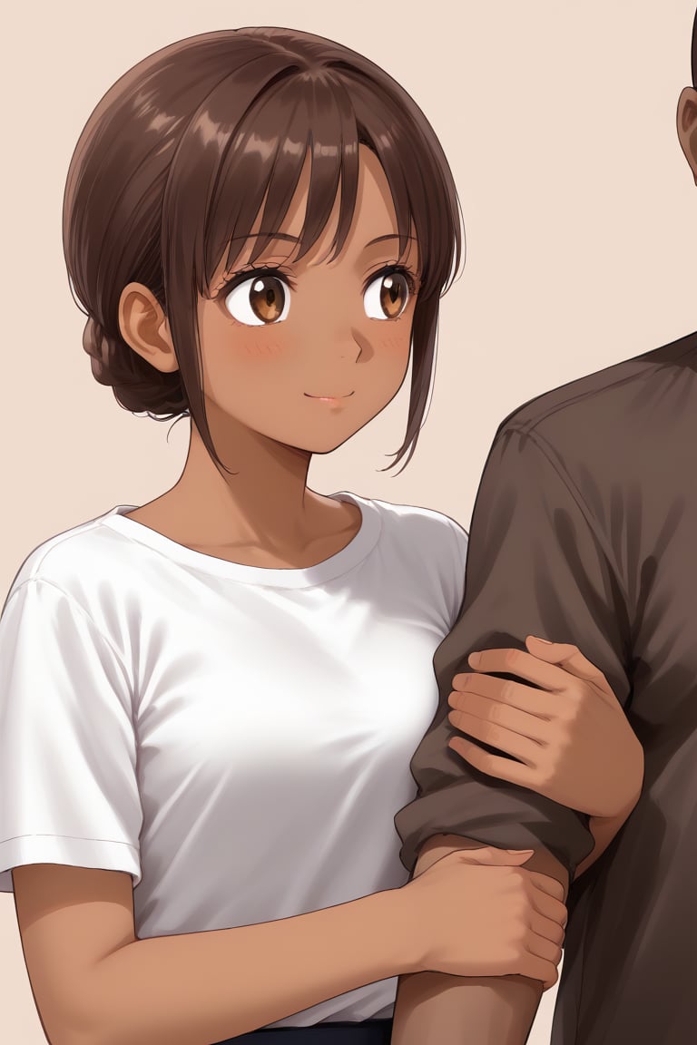 Anime style, 1 girl , arm hug, (brown skin man with shirt) 