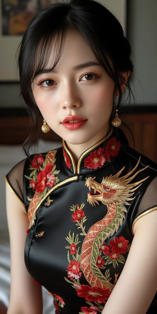 Black Bob hair,  Delicately embroidered cheongsam,  Chinese stand-up collar by AI creator art  研新3 on Tensor.Art