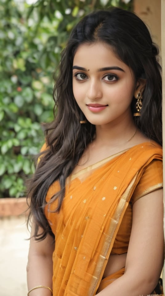 beautiful cute young attractive indian teenage girl, village girl, 23 years old, cute, Instagram model, long black_hair, warm,in terrace , indian,girl, photorealistic, Indian traditional,dress,1girl,velvaura,photorealis tic,Indian real girl, Shraddha Kapoor Look like face shape Anupama parameshwari, instagram instagram real, real life, full_body view,hi_resolution,Indian, sauth Indian dress, golden saree, site in a classroom,