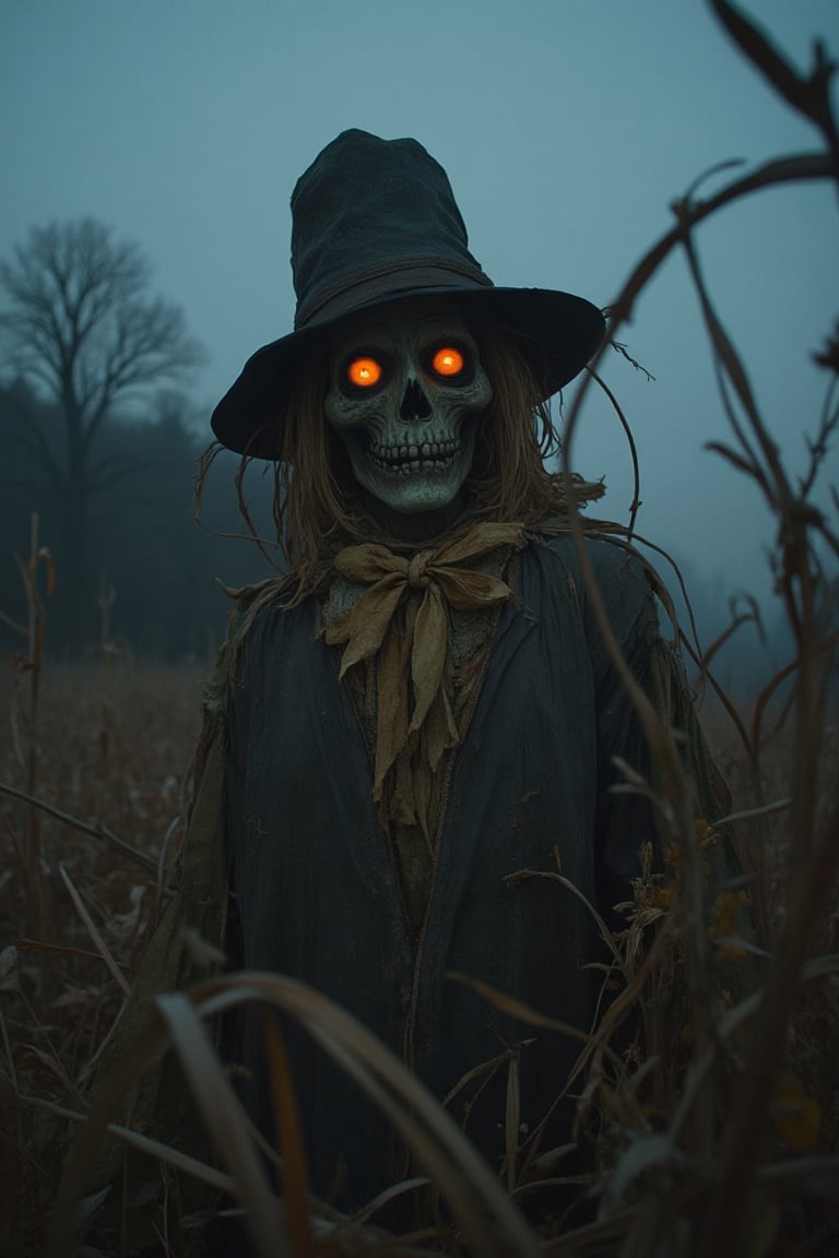 Photo-realistic 60's style of a gloomy scene featuring a scarecrow, dimly lit with shadows cast by a single light source. The scarecrow stands in a field of tall, twisted grass and thick underbrush. Close-up shot, low-key lighting, emphasizing the eerie atmosphere. The scarecrow's face is partially obscured by shadows, its eyes wide and unsettling. The scene is filled with dark, foreboding elements, adding to the haunting mood.