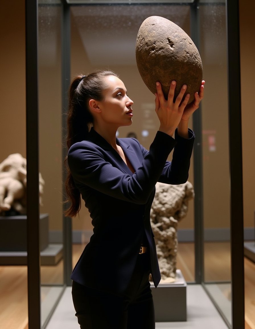 L4r4cr0ft stands confidently in front of a grand glass display case at the Natural History Museum, navy blue Gucci business suit immaculate as she holds a massive, ancient fossilized dinosaur egg specimen aloft. Soft museum lighting casts a warm glow on her face, her eyes locked intensely with the viewer's as if sharing a profound discovery.