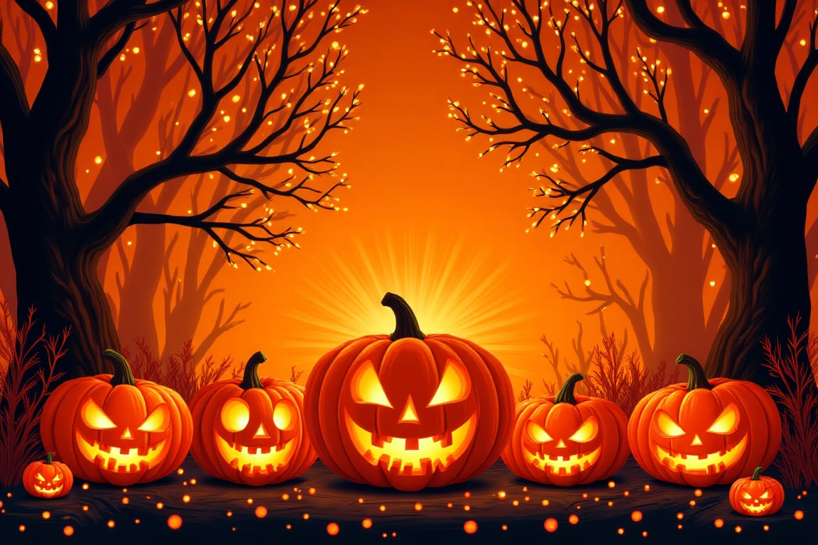 Create a stock illustration that visually symbolizes the idea of pumpkin carving using a color palette inspired by deep oranges and glowing yellows colors, Integrate elements of jack-o'-lanterns and abstract representations of candlelight and spooky faces to convey the concept in a captivating and easily graspable way. Use layered textures and a structured design to subtly suggest depth and importance, emphasizing spatial relationships