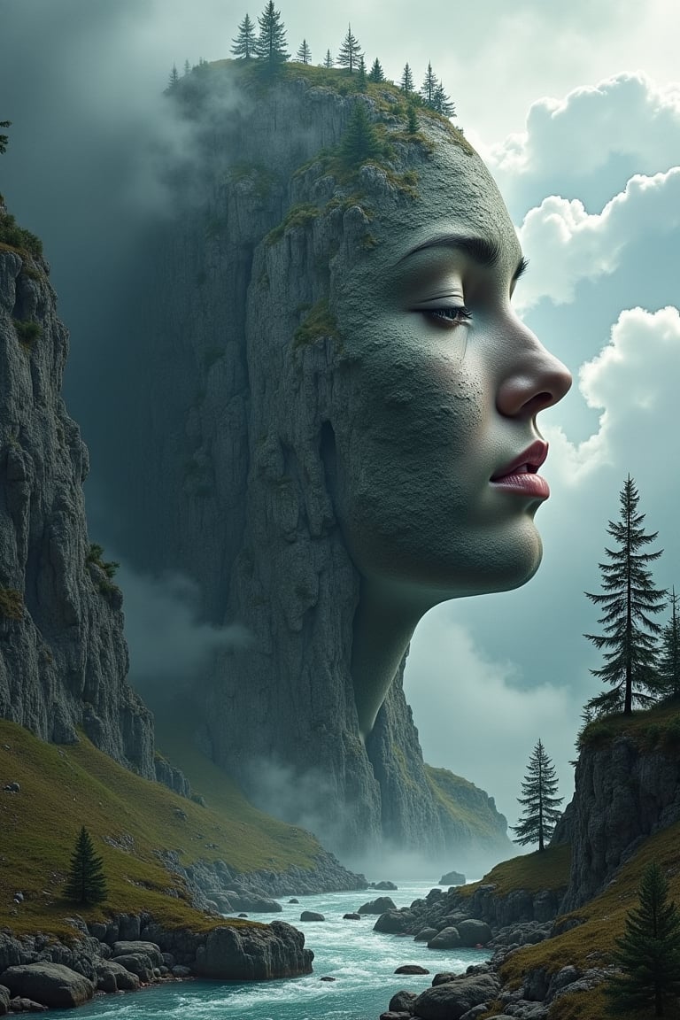 mysterious woman is made ENTIRELY of cliffs/stone/pine trees/river/clouds, surreal, crumbling, alpine, evocative expression, woman is almost imperceptible within the background,, optical illusion, rich textures,, exquisitely surreal composition, mist + gorgeous storm clouds, photo bashing with oil painting technique, moody + dramatic natural lighting