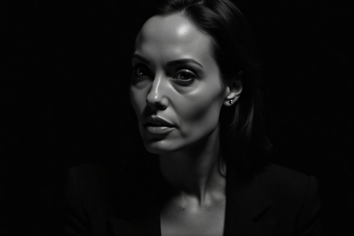 Black and white portrait of Angelina Jolie, dark background, shadow play, soft lighting, cinematic style