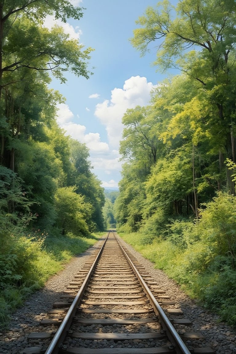 Ultra-clear photography documentary style,Ultra-clear realistic photography style,The scene shows train tracks flanked by lush trees on both sides, bathed in bright sunlight. The blue sky, with a few scattered white clouds, adds a vibrant and clear atmosphere to the image. The green trees and bright lighting enhance the fresh and lively feel of the surroundings. The railway area is filled with natural vitality, and the clear daylight scene exudes warmth and tranquility.