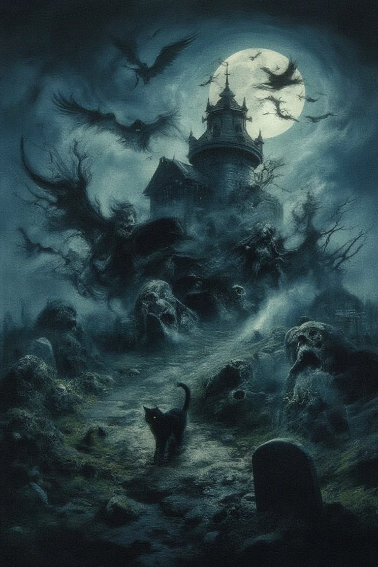 a haunted house on top of a hill surrounded by bats and ravens, the full moon shines behind the old house, shapes lurking in the shadows, gravestones in the field, a black cat standing in the pathway.
vintage, horror, texture, halloween, haunted, magical, light particles, DarkAura