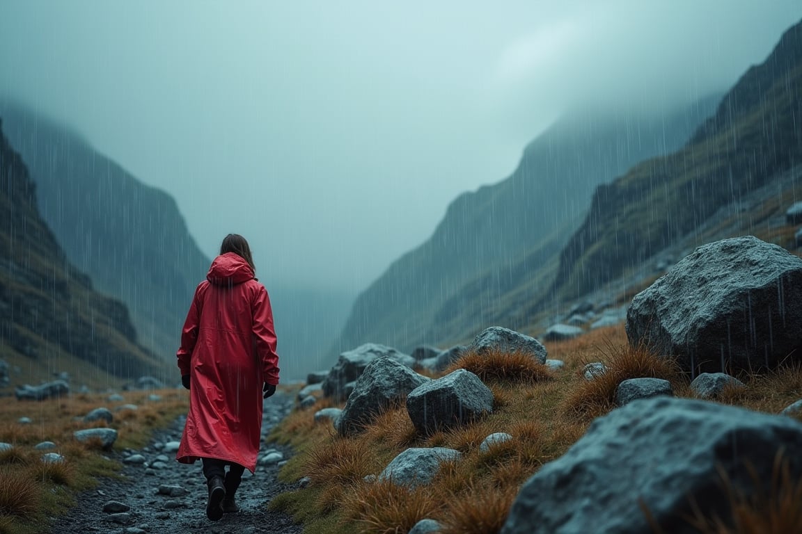 a female hiker in a large long red raincoat is walking through a wide alpine valley covered in boulders in Swedish mountains, it's raining heavily and she is pushing against the rain and strong winds, you can barely see her behind the rain