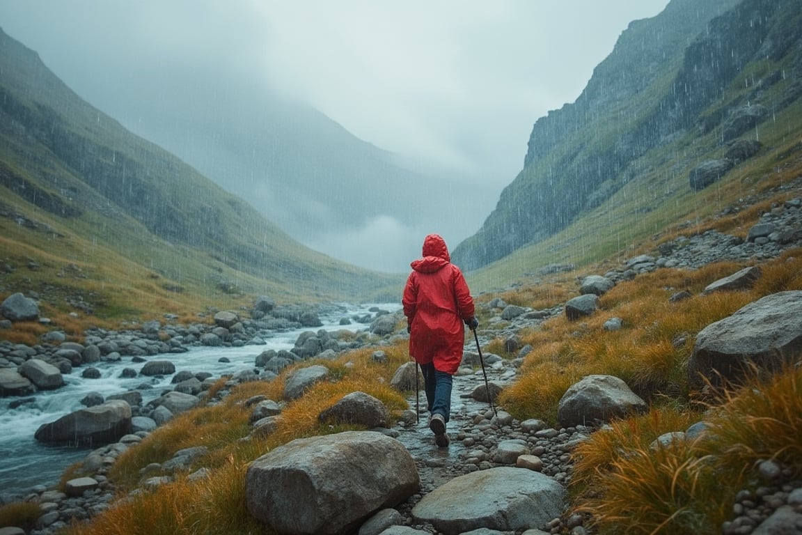 a female hiker in a large long red raincoat is walking through a wide alpine valley covered in boulders in Swedish mountains, it's raining heavily and she is pushing against the rain and strong winds, you can barely see her behind the rain