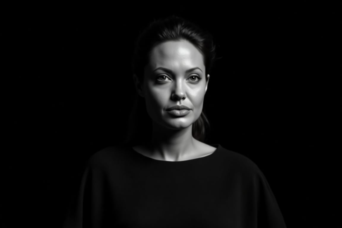 Black and white portrait of Angelina Jolie, dark background, shadow play, soft lighting, cinematic style