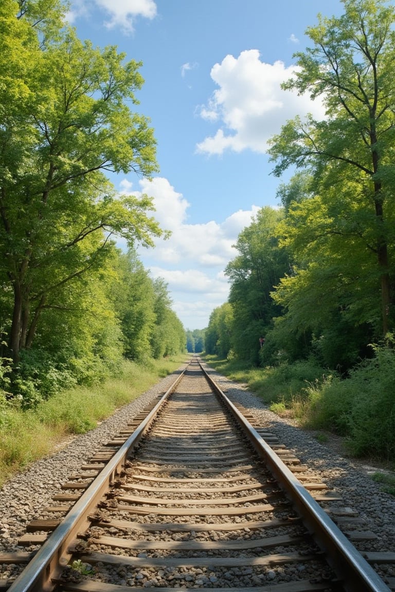 Ultra-clear photography documentary style,Ultra-clear realistic photography style,The scene shows train tracks flanked by lush trees on both sides, bathed in bright sunlight. The blue sky, with a few scattered white clouds, adds a vibrant and clear atmosphere to the image. The green trees and bright lighting enhance the fresh and lively feel of the surroundings. The railway area is filled with natural vitality, and the clear daylight scene exudes warmth and tranquility.