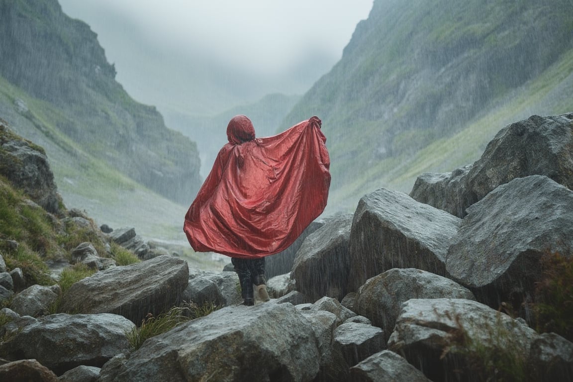 a female hiker in a large long red raincoat is walking through a wide alpine valley covered in boulders in Swedish mountains, it's raining heavily and she is pushing against the rain and strong winds, you can barely see her behind the rain