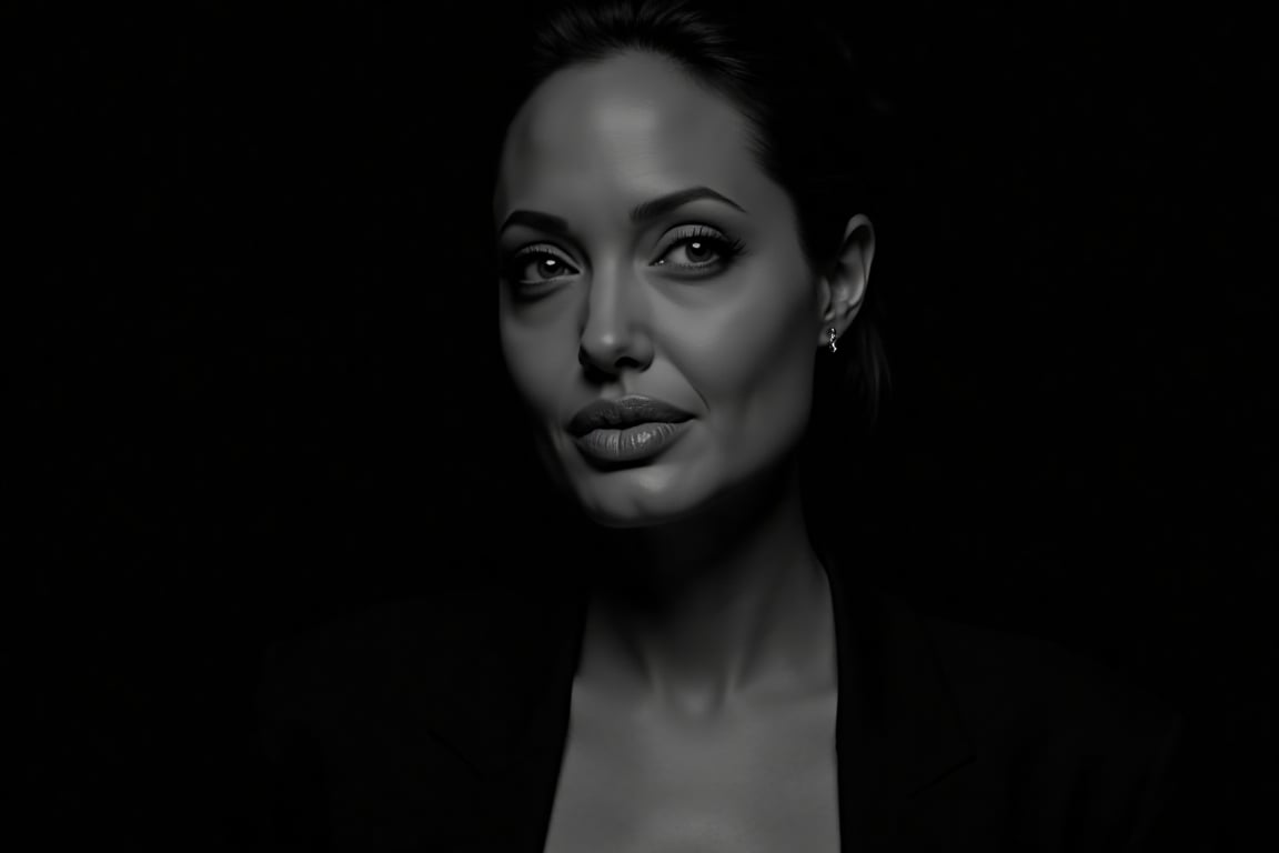 Black and white portrait of Angelina Jolie, dark background, shadow play, soft lighting, cinematic style