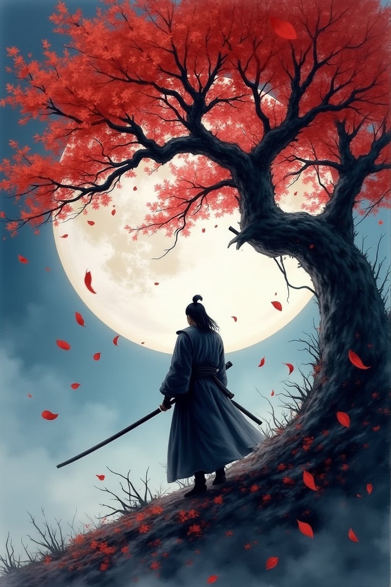 Watercolor style, watercolor, wet on wet, paintstreaks, watercolor painting, \nA A stunning Japanese-inspired fantasy painting of a lone samurai, silhouetted against a massive full moon, standing beneath a windswept, crimson-leafed tree. Falling petals swirl around him, creating a melancholic yet serene atmosphere. The dramatic chiaroscuro lighting highlights the dramatic contrast between the cool-toned background of deep blues and grays and the warm reds of the foliage. The detailed rendering of the samurai's clothing and the tree's branches, along with the textured brushstrokes, windswept effect on the leaves and the samurai's robe, evoke a sense of depth and isolation. This captivating scene is reminiscent of Yoshitaka Amano's work, with the dramatic lighting of Ivan Shishkin. The painting has a cinematic quality, making it perfect